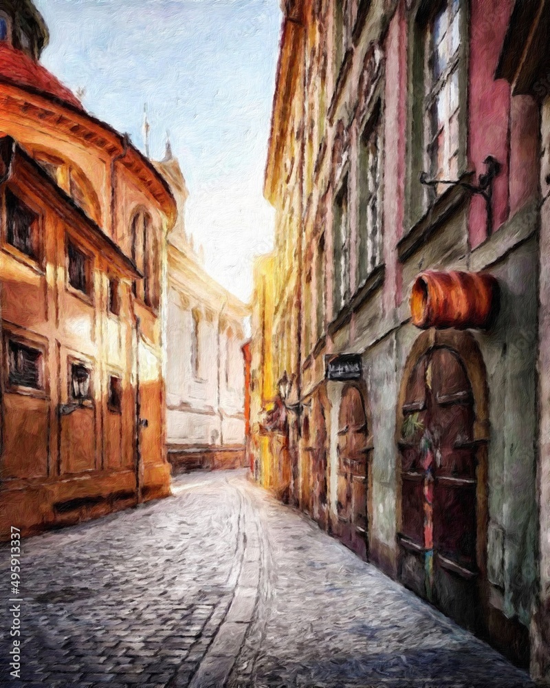 Fototapeta premium Digital painting modern artistic artwork, Prague Czechia, drawing in oil European famous old street view, beautiful old vintage houses, design print for canvas or paper poster, touristic production