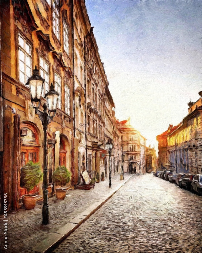 Fototapeta Digital painting modern artistic artwork, Prague Czechia, drawing in oil European famous old street view, beautiful old vintage houses, design print for canvas or paper poster, touristic production