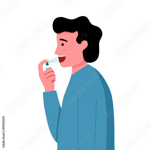 Man using mouth spray for fresh breathing or sore throat infection treatment in flat design on white background.