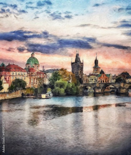 Digital painting modern artistic artwork, Prague Czechia, drawing in oil European famous old street view, beautiful old vintage houses, design print for canvas or paper poster, touristic production
