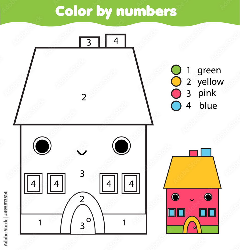 Cute house color by numbers educational game for elementary level kids