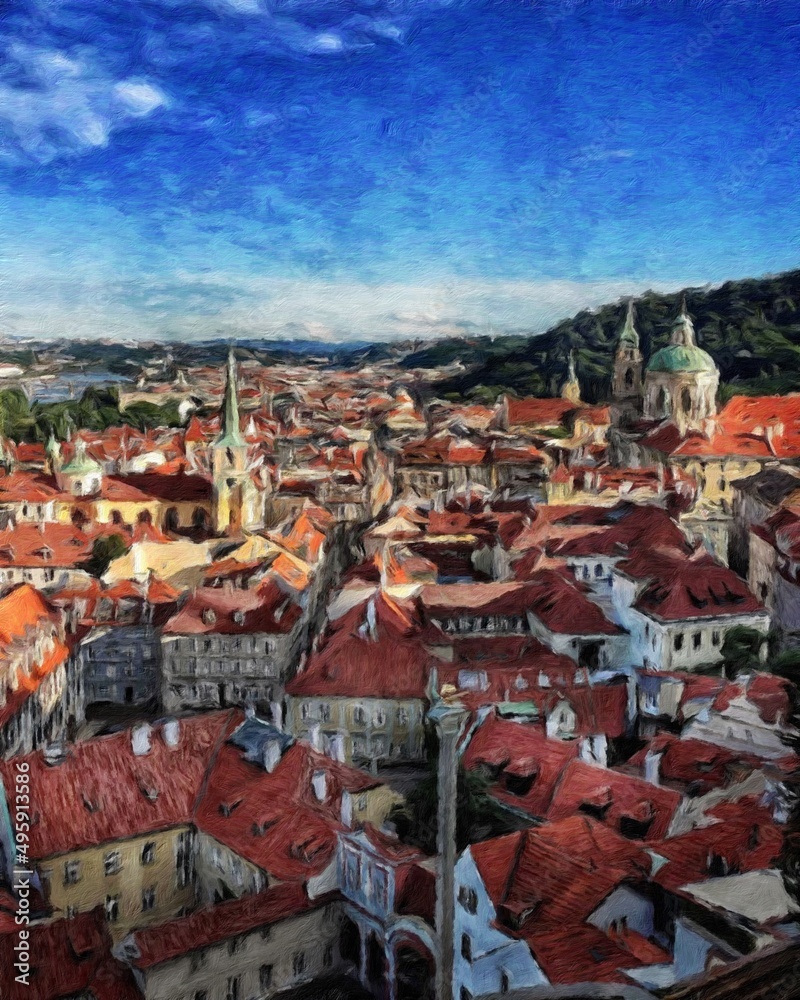 Fototapeta premium Digital painting modern artistic artwork, Prague Czechia, drawing in oil European famous old street view, beautiful old vintage houses, design print for canvas or paper poster, touristic production