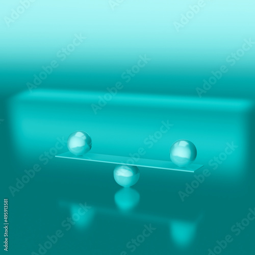 3d rendering of glossy teal balls perfectly ba nced. isolated on shiny background with negative space for copy.