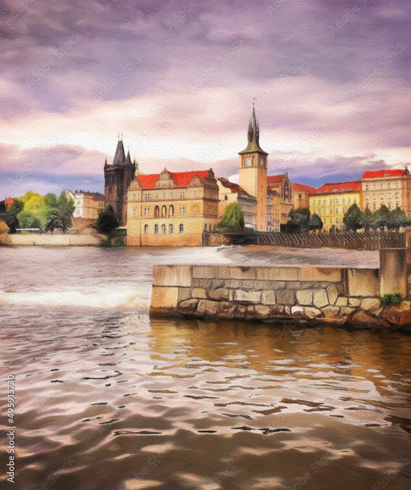 Digital painting modern artistic artwork, Prague Czechia, drawing in oil European famous old street view, beautiful old vintage houses, design print for canvas or paper poster, touristic production