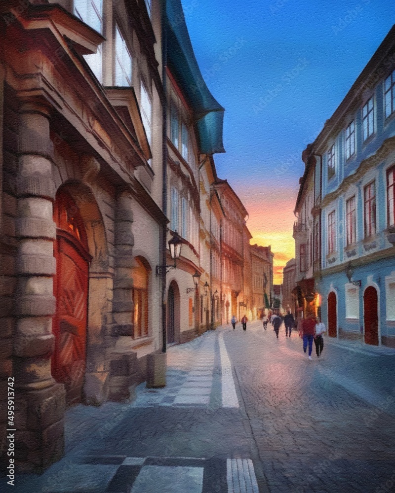 Fototapeta premium Digital painting modern artistic artwork, Prague Czechia, drawing in oil European famous old street view, beautiful old vintage houses, design print for canvas or paper poster, touristic production