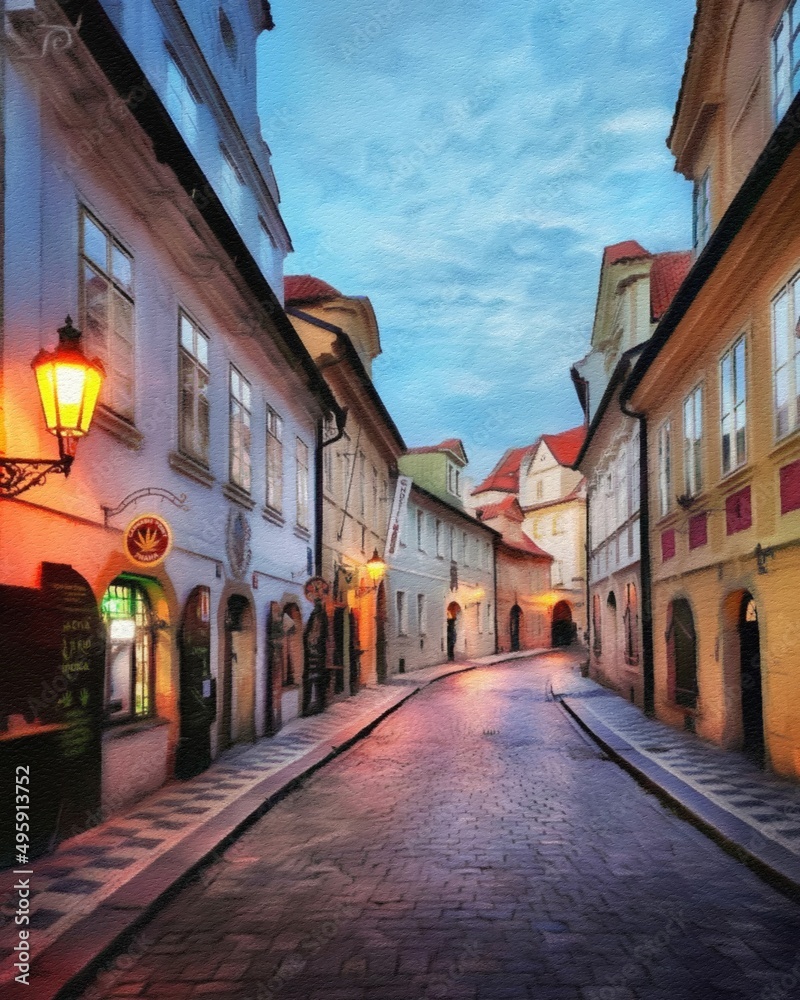 Digital painting modern artistic artwork, Prague Czechia, drawing in oil European famous old street view, beautiful old vintage houses, design print for canvas or paper poster, touristic production