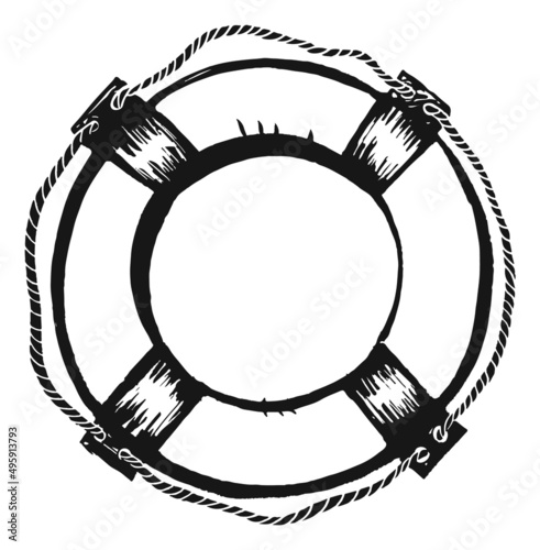 Lifebuoy engraving. Lifesaver ring. Ship safety wheel