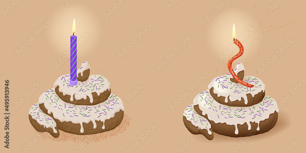 Pile of poo violet and red candles. Pile of poo in glaze with purple and green sprinkles with purple and red decorated holiday candles burning on a beige background. Pile of poo violet and red candles. Pile of poo in glaze with purple and green sprinkles with purple and red decorated holiday candles burning on a beige background.