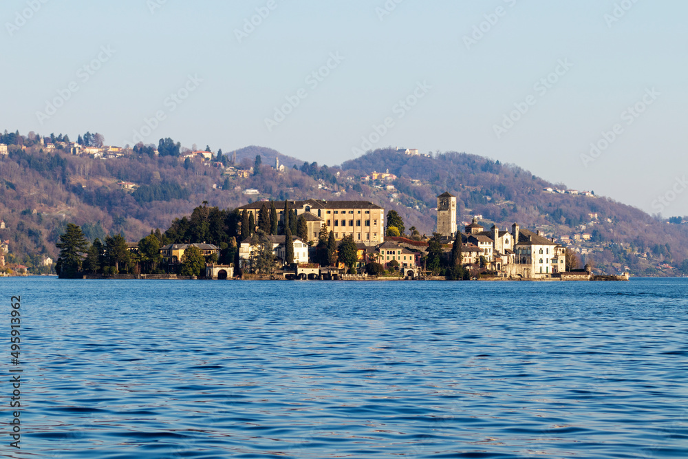 High angle view of Island of San Giulio, Lake Orta, Italy. Copy space.
