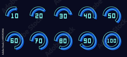 Hi tech vector circle percentage from ten to hundred. From 10 to 100 percent in circle icon set, infographic progress modern design elements