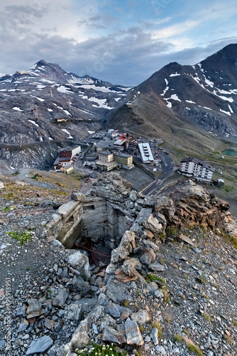 The Stelvio pass seen from the top from the Dreisprachenspitze. Sondrio province, Lombardy, Italy, Europe.