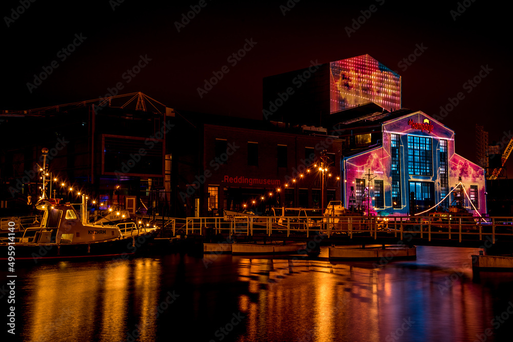 Den Helder, Netherlands, March 2022. Illuminated objects and buildings on the light art route.