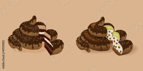 Poo cake chocolate. Poo cake in chocolate glaze sprinkled with sesame with cut off piece on beige background.  Appetizing layered creamy chocolate and soufflé filling with nougat and nuts. 