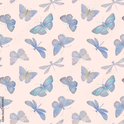 Digitally processed seamless botanical pattern. Raster texture of animalistic design. Delicate watercolor butterflies collected in a seamless pattern for design.