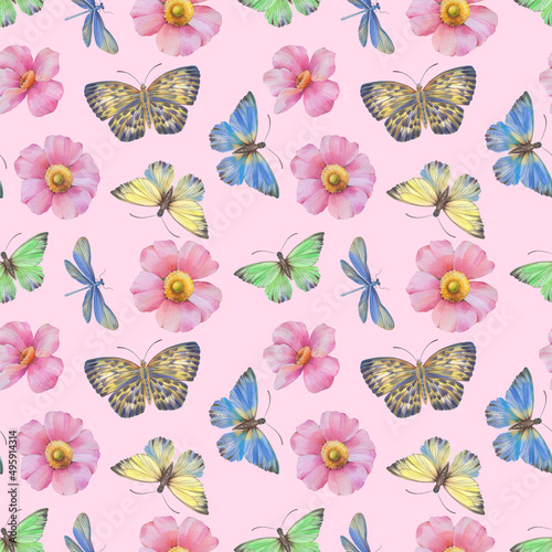 Seamless pattern with butterflies and flowers. watercolor and digital illustration. seamless botanical background. Template design for, textile, wallpaper, wrapping paper, packaging, print.