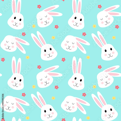 Seamless pattern with cute rabbits and flowers. Vector illustration.