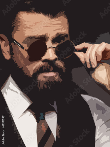 Low key portrait of serious handsome man with dark hair, mustache and beard in white shirt, brown vest and colorful tie takes off round sunglasses (ID: 495915931)