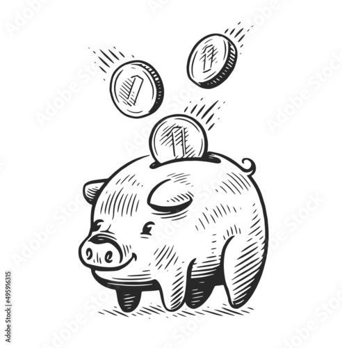 Piggy bank with falling coins. Business, earnings concept. Sketch vector illustration