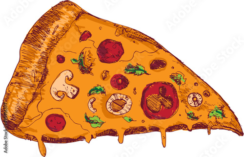 Pizza slice sketch. Colorful  illustration with salami, mushrooms, onion. Fast food hand drawn decoration