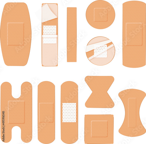 Medical antiseptic band-aid set. Vector illustration of medical tape, plaster, protection and care. Adhesive tape plasters collection in form of stripes, cross, square and other forms