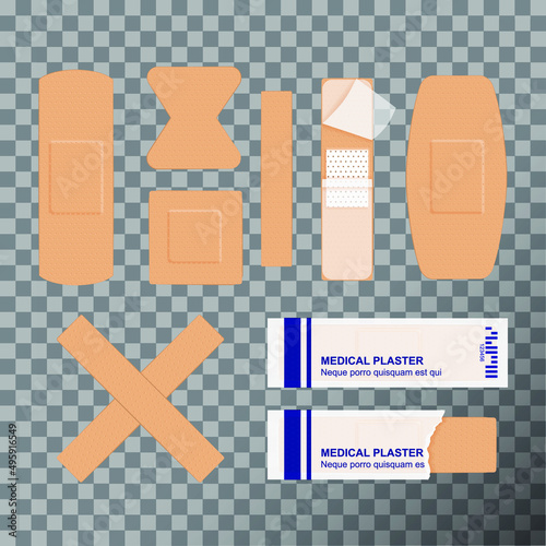 Medical antiseptic band-aid set on transparent background. Vector illustration of medical tape, plaster, protection and care. Adhesive tape plasters collection in form of stripes, cross, square and ot