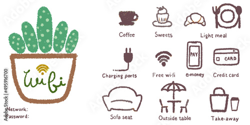 カフェなど店内のWi-fiパスワードサインと提供サービス案内のナチュラルテイスト手描きベクターアイコンセット