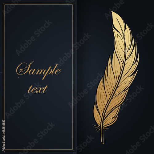 Gold Feather on black background square banner template.