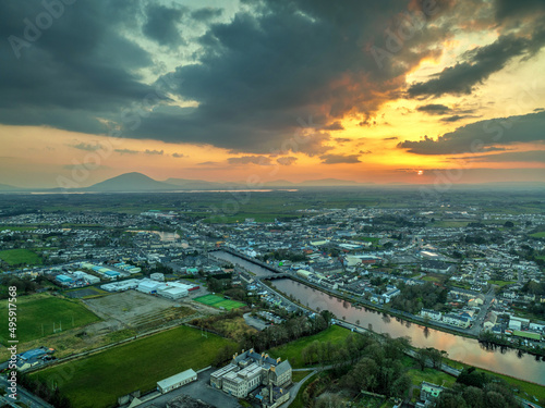Ballina town during the sunset from above co Mayo Ireland Drone Footage 