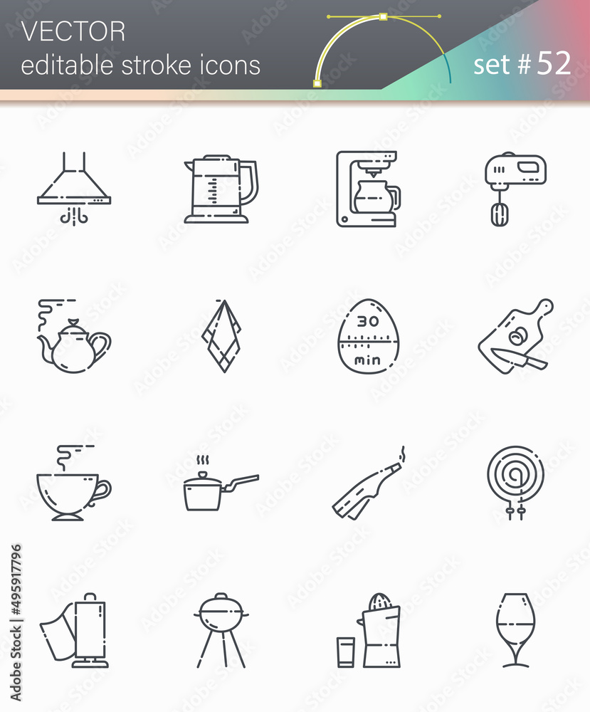Set of vector editable stroke line icons of kitchen utensils, cooking tools and equipment isolated