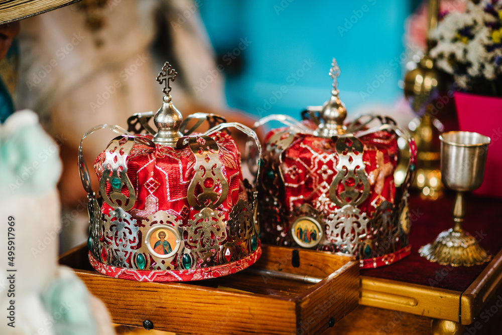 Fototapeta premium Wedding crowns. Wedding crown in church ready for marriage ceremony. close up. Divine Liturgy.