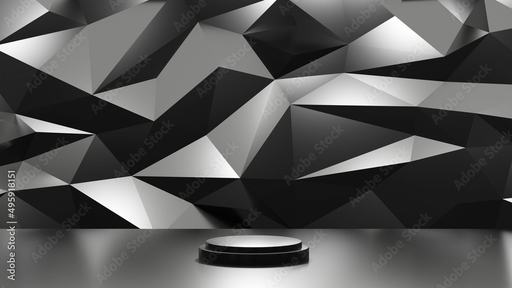 3D geometric wall background podium with contemporary black texture, dark 3d rendering.
