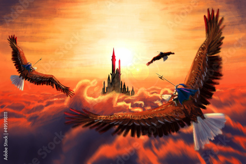 Three riders on eagles, in plate armor, armed with halberds, fly to the castle, the towers of which rise above the clouds