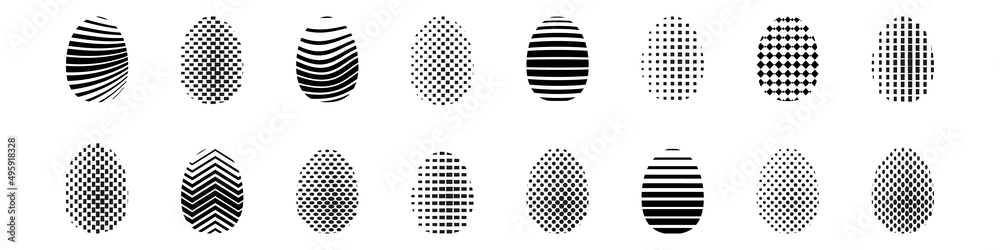 Collection of Easter eggs in graphic style: dots, lines, patterns, zigzags. Stamps for brushes. Vector illustration with fading elements.