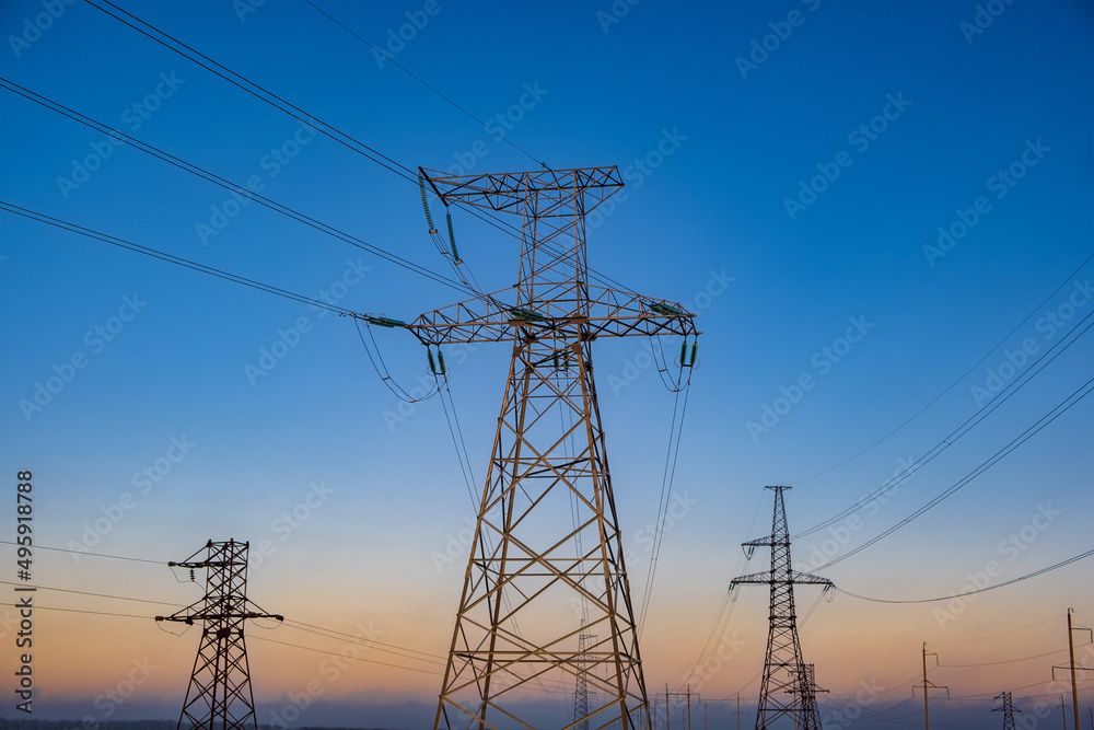 power lines against the background of the twilight sky