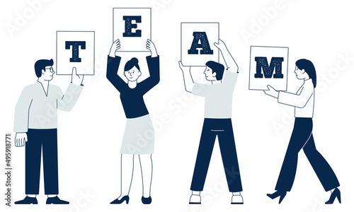 People with team word on boards. Working together concept