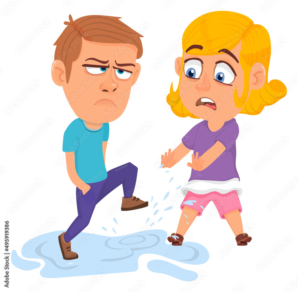 Boy stomping in puddle and making splash. Kid bad behavior Boy stomping in puddle and making splash. Kid bad behavior