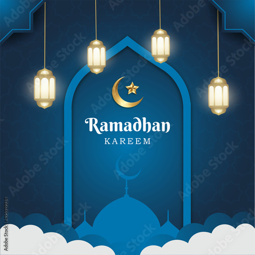 Greeting of ramadhan kareem. ied Mubarak, marhaban ya ramadhan blue background Template