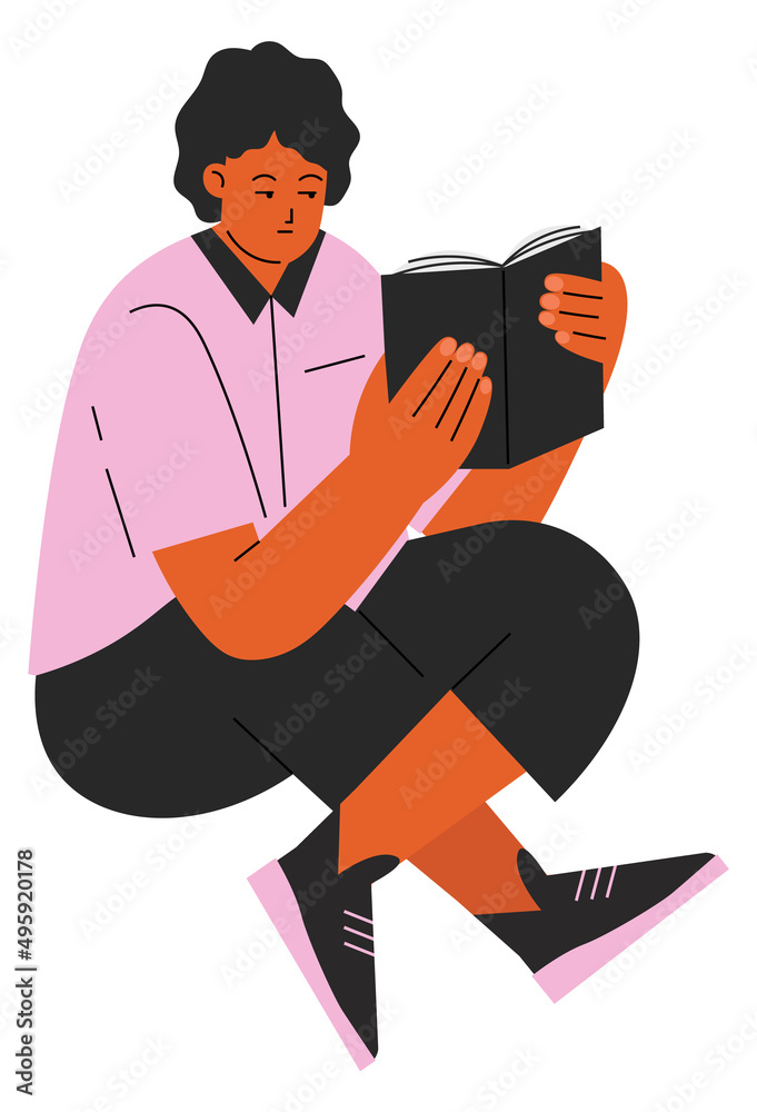 Student reading book. Sitting person character studying
