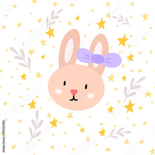 Bunny  leaf and star cute seamless pattern in scandinavian style. Happy Easter background. Vector illustration for the design of fabric  gift paper  children s clothing  textiles  cards.
