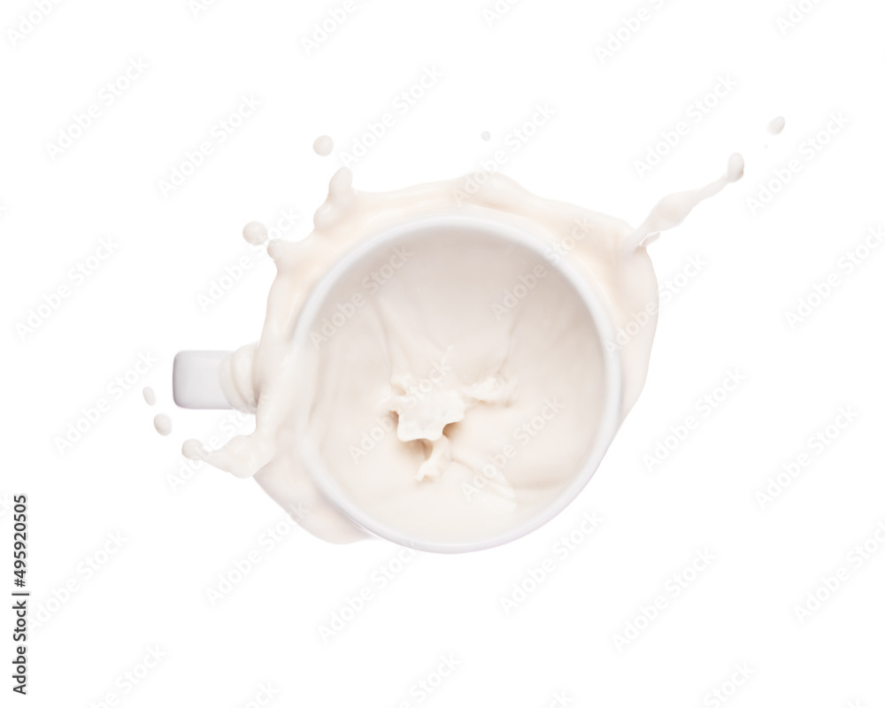 Top view of milk splash out of glass isolated on white background. Top view of milk splash out of glass isolated on white background.