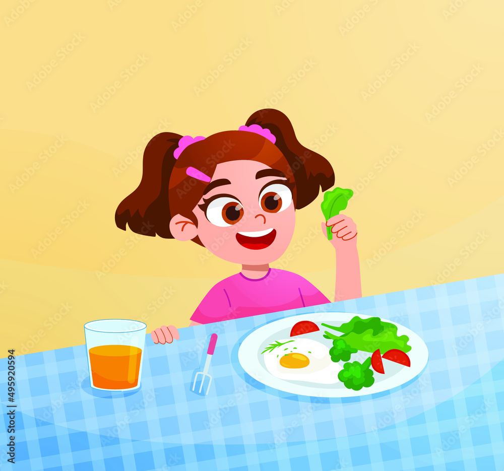 Cute girl eating breakfast or lunch meals. Flat vector character illustration. Healthy vegetable food and children illustration.
Cute girl eating breakfast or lunch meals. Flat vector character illustration. Healthy vegetable food and children illustration.