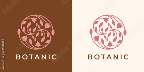 Elegant flower florist logo. Red and pink decorative floral leaf line icon. Ornate nature circle emblem. Botanical plant label symbol. Vector illustration.