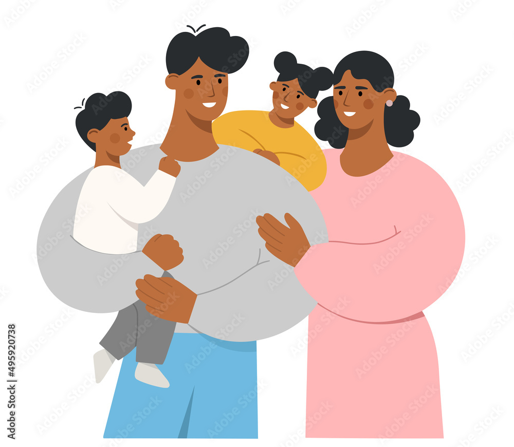 Fototapeta premium Happy african american family with lovely kids. Young mother and father holding their beloved children in their arms. Son and daughter hug their parents. Flat vector illustration.