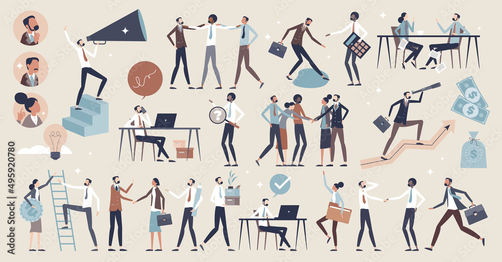 Business people set with businessman work elements tiny person collection. Company employees, team and executive employers items with corporate style vector illustration. Formal job staff characters. - obrazy, fototapety, plakaty 