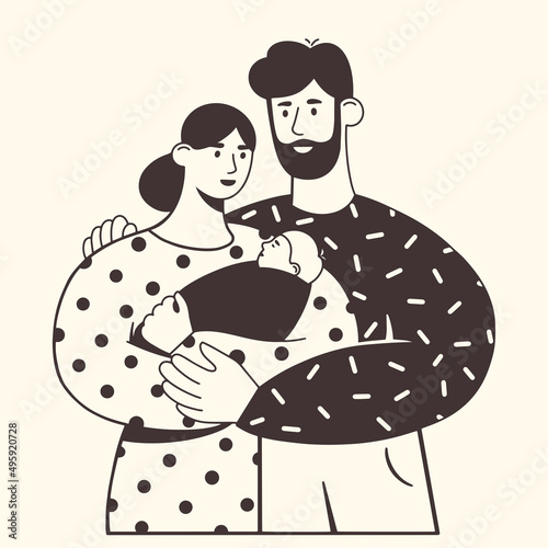 Happy family with cute baby. Young mother and father holding their newborn child in arms. Love and care for loved ones. Flat vector illustration. Sketch style.