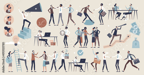 Business people set with businessman work elements tiny person collection. Company employees, team and executive employers items with corporate style vector illustration. Formal job staff characters.