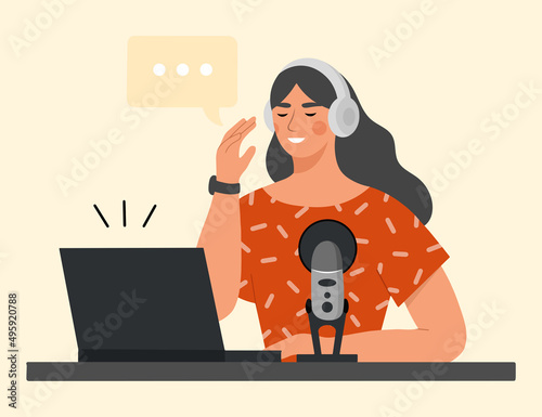 Young smiling girl sitting with headphones and microphone recording audio podcast. Concept of radio broadcasting. Flat vector illustration.