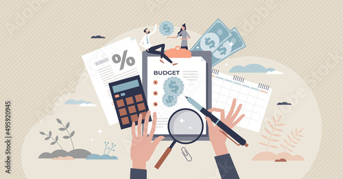 Budget planning and financial family money management tiny person concept. Couple assets and wealth calculation with tax percentage and monthly income vector illustration. Personal expense bookkeeping photo