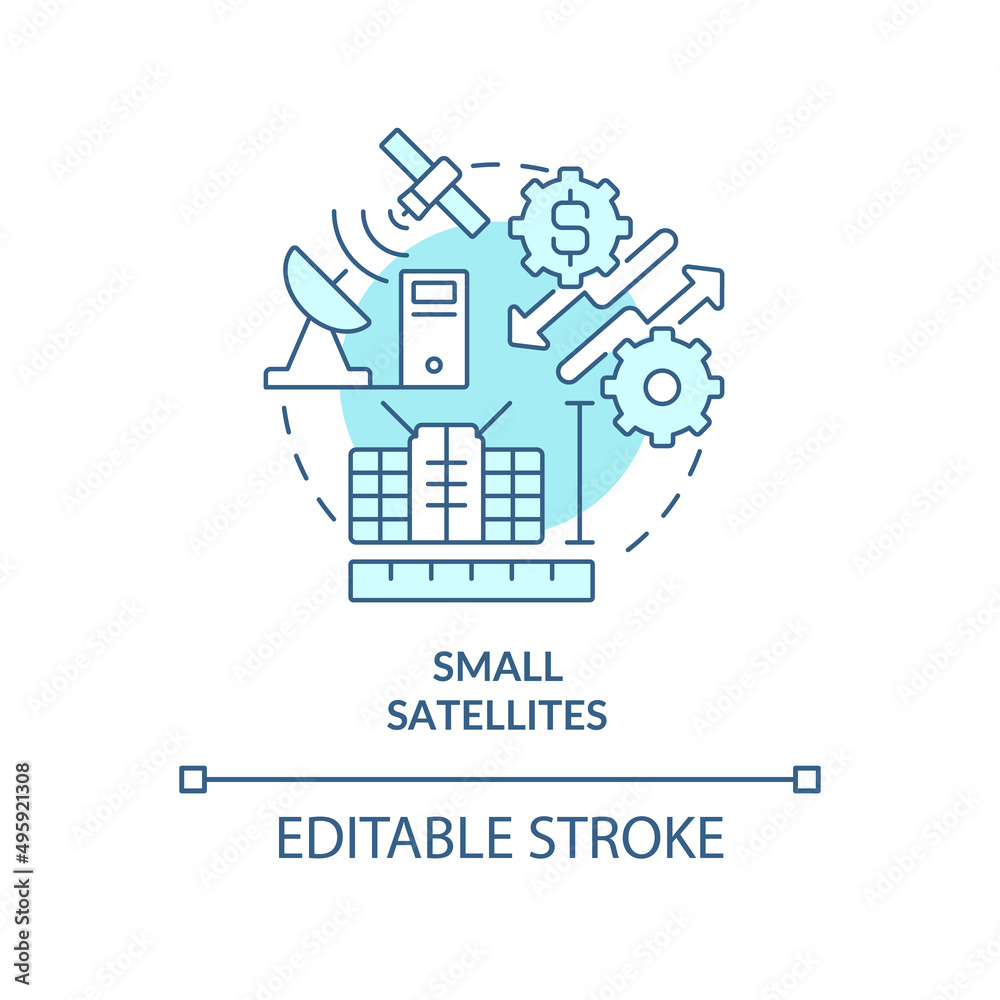 Small satellites turquoise concept icon. Space exploration. Spacetech trend abstract idea thin line illustration. Isolated outline drawing. Editable stroke. Arial, Myriad Pro-Bold fonts used