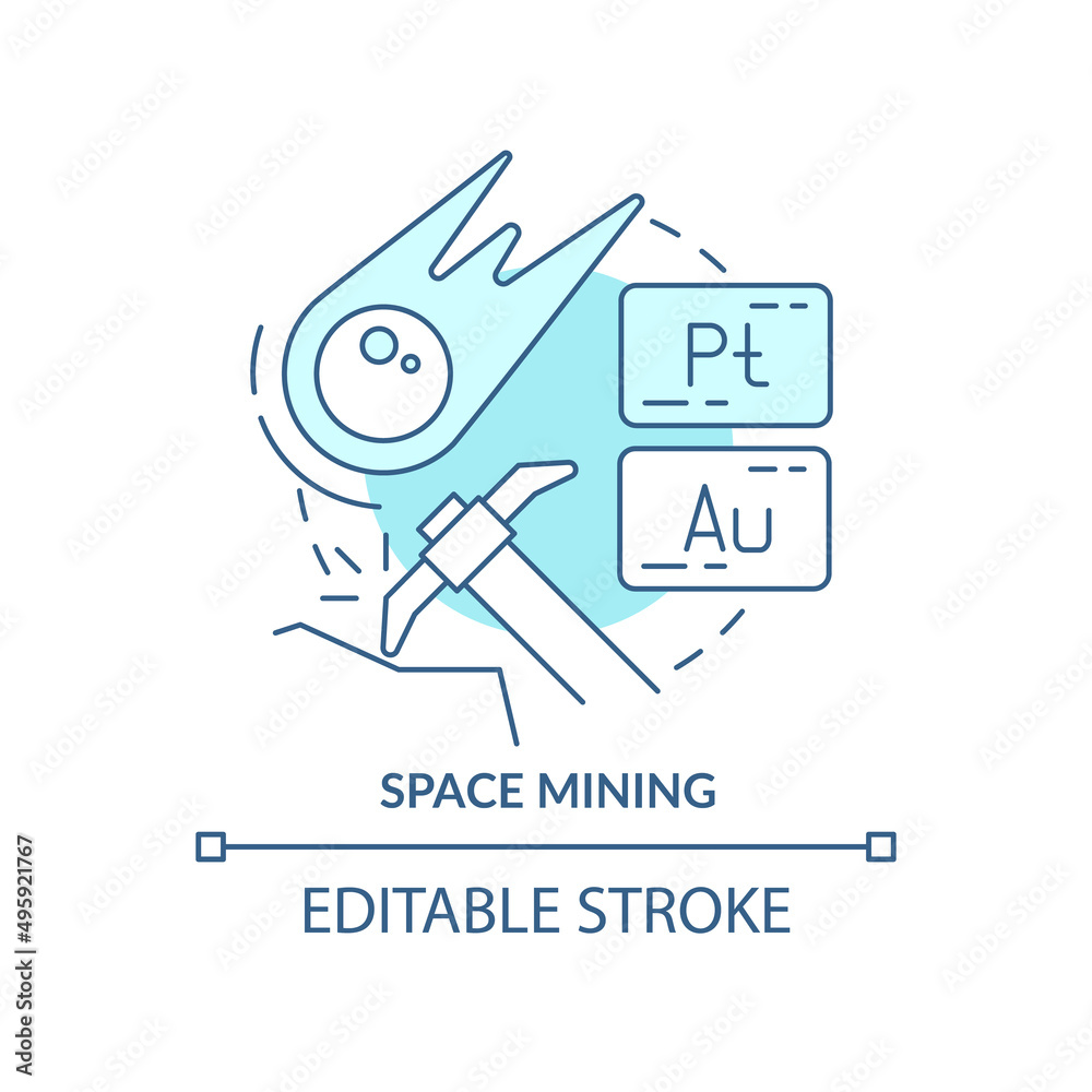 Space mining turquoise concept icon. Mineral resources exploration. Spacetech trend abstract idea thin line illustration. Isolated outline drawing. Editable stroke. Arial, Myriad Pro-Bold fonts used Space mining turquoise concept icon. Mineral resources exploration. Spacetech trend abstract idea thin line illustration. Isolated outline drawing. Editable stroke. Arial, Myriad Pro-Bold fonts used